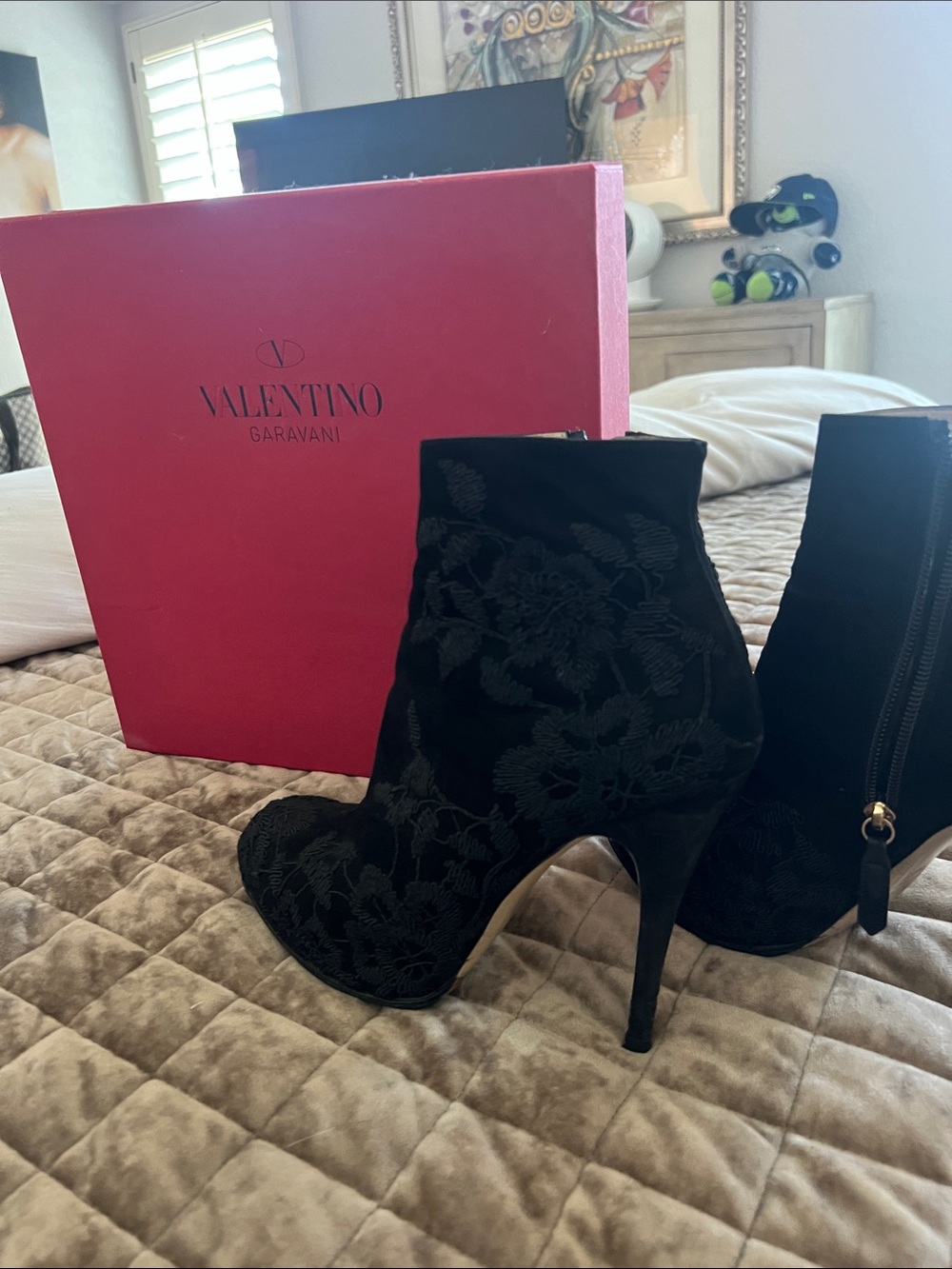 Valentino Black Floral Embroidered Suede Ankle Booties